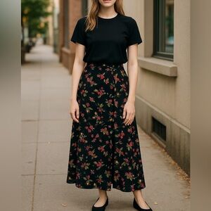 Express Vintage 90s Floral A-Line Skirt Black and red yellow